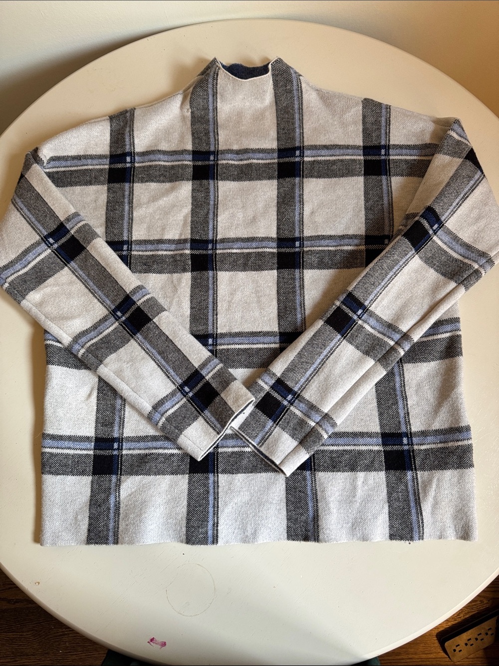 Tahari Cream Windowpane Plaid Turtleneck Sweater with Gray and Navy Stripes